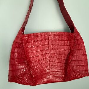 Red Crocodile-Embossed Shoulder Bag